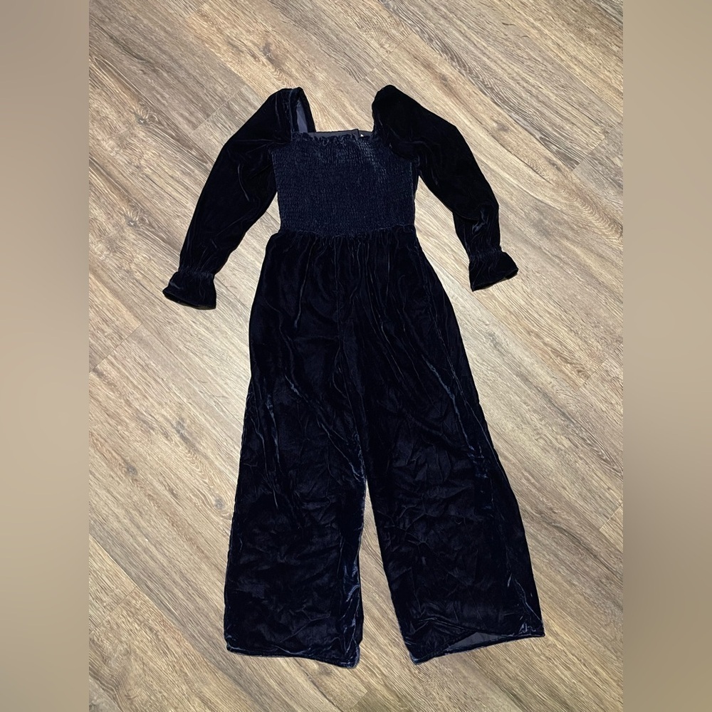 Janie and Jack | Girl’s Navy Blue Smocked Velvet Jumpsuit Size 12